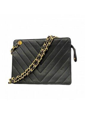 Chanel Shoulder Bag Stitch Lambskin Black Gold